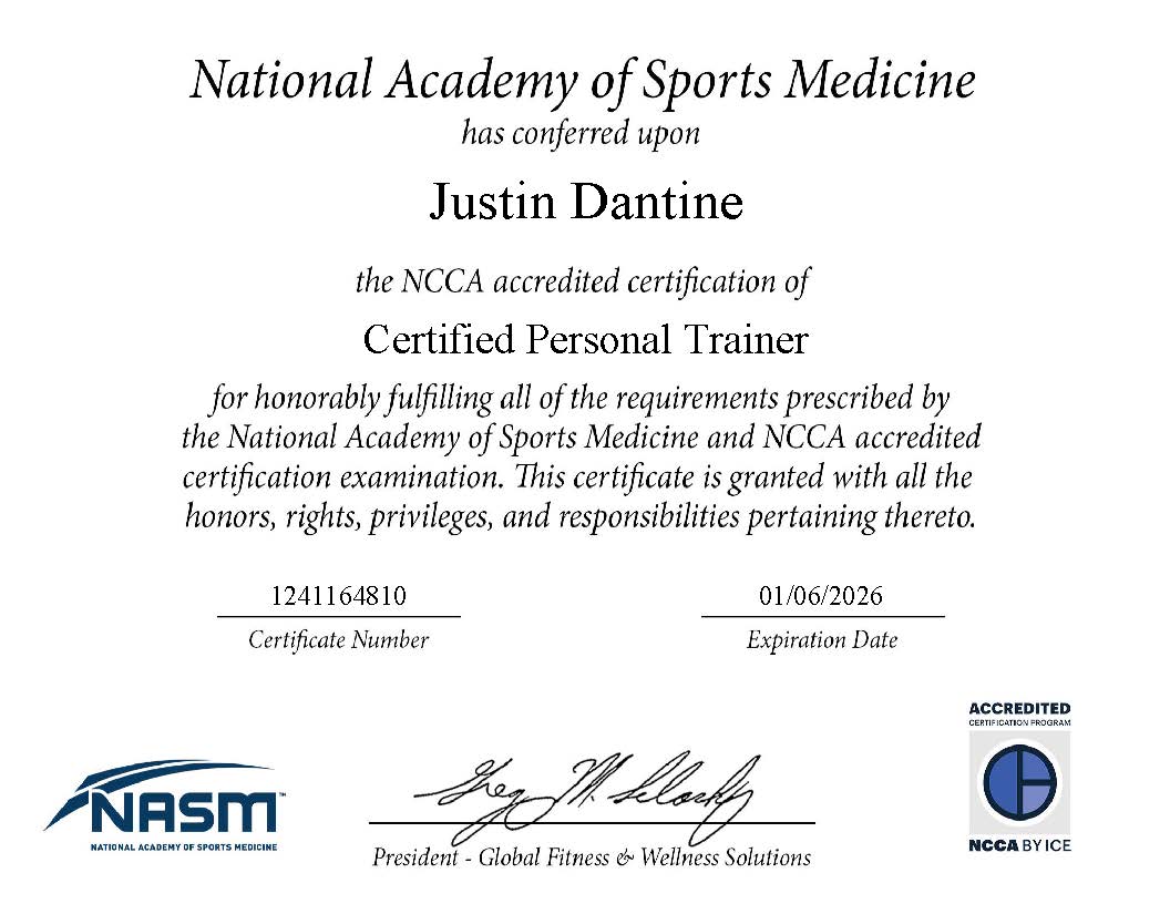 Justin Dantine NASM certificate